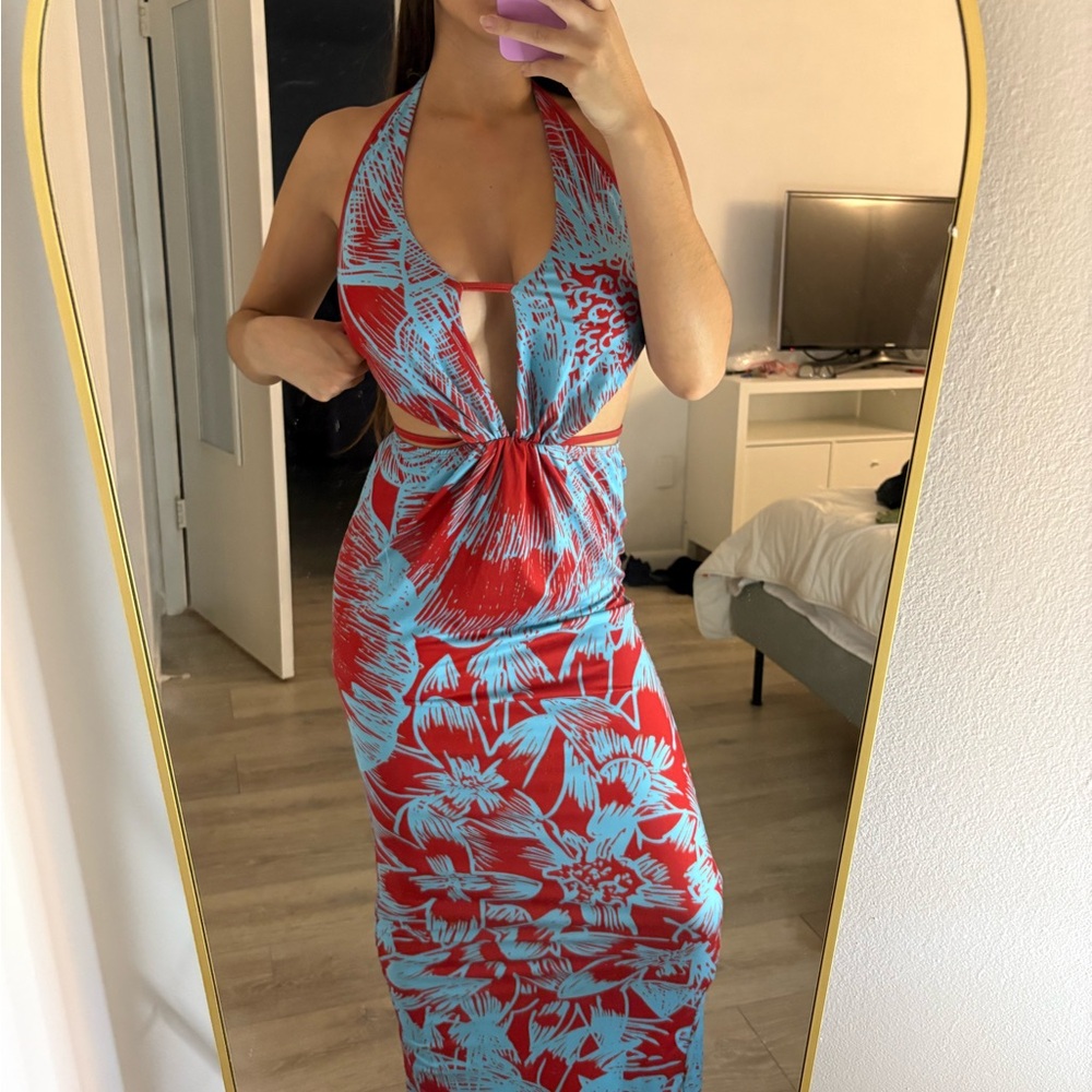 Tropical Red and Blue Halter Maxi Dress